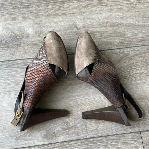 Henry Beguelin Snakeskin Embossed Leather Peep  Toe Wood Heel Platform Sandals - Picture 11 of 14